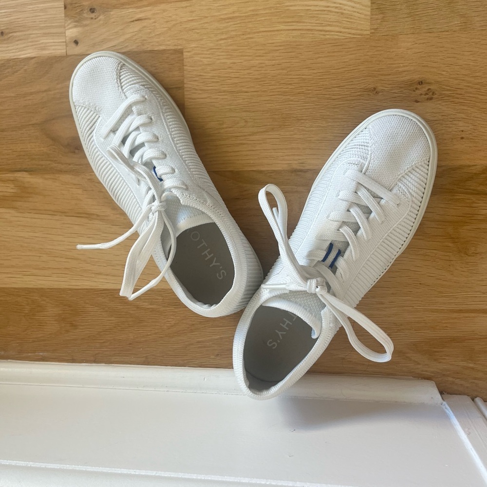 Rothy's White Lace-Up Sneakers with Blue Accents